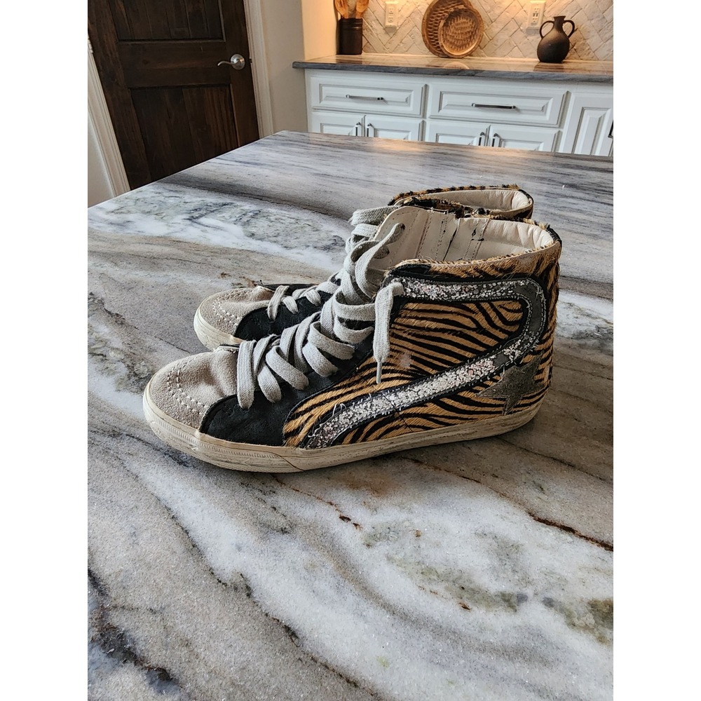 Golden Goose Deluxe Brand Slide High Top Sneakers Tiger Animal Print Calf Hair
